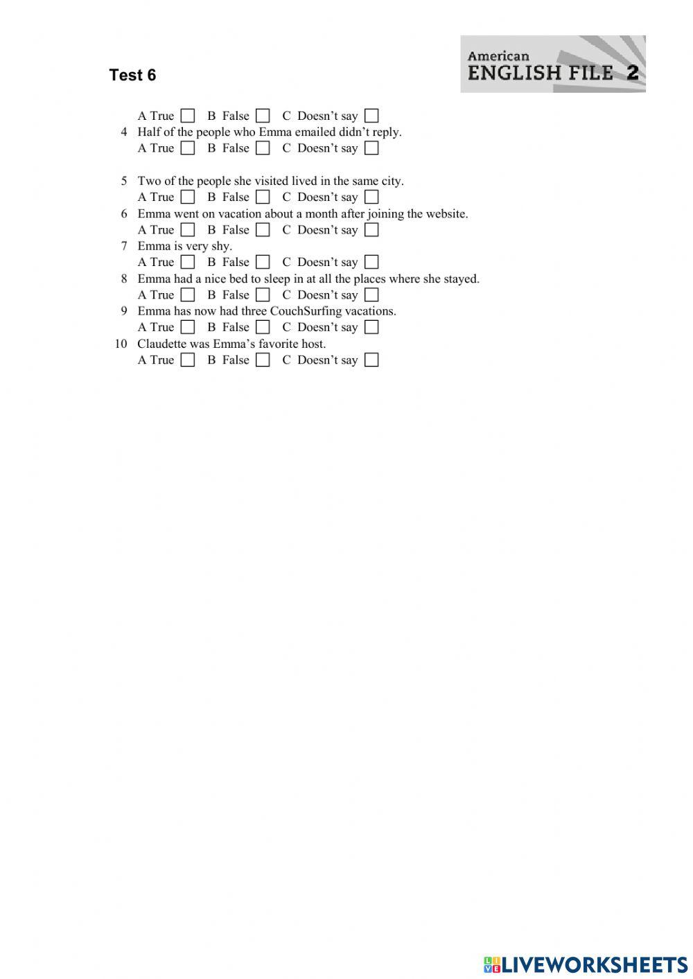 American english file 2 unit 6 test tanialex1003