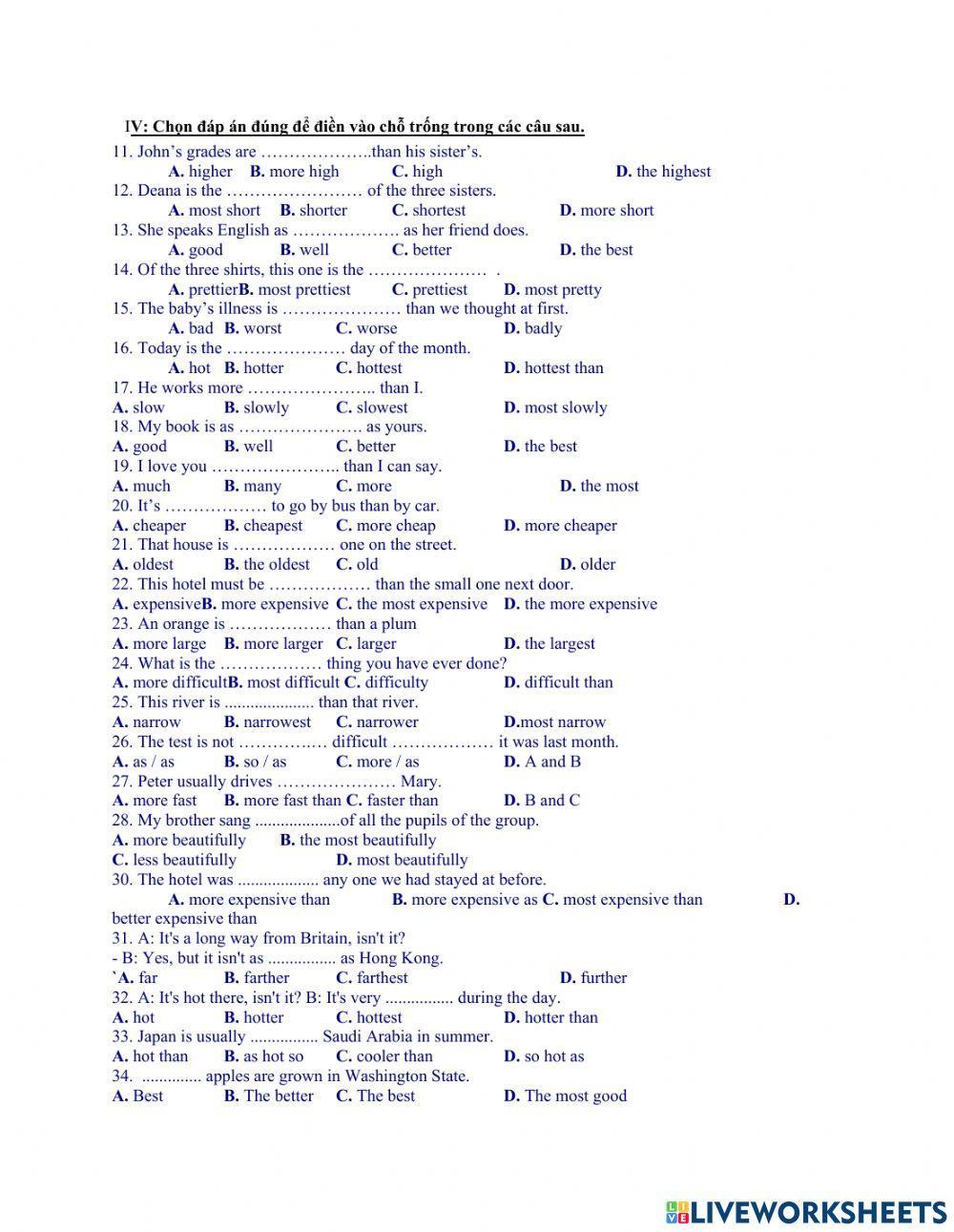 Comparision- multiple choice