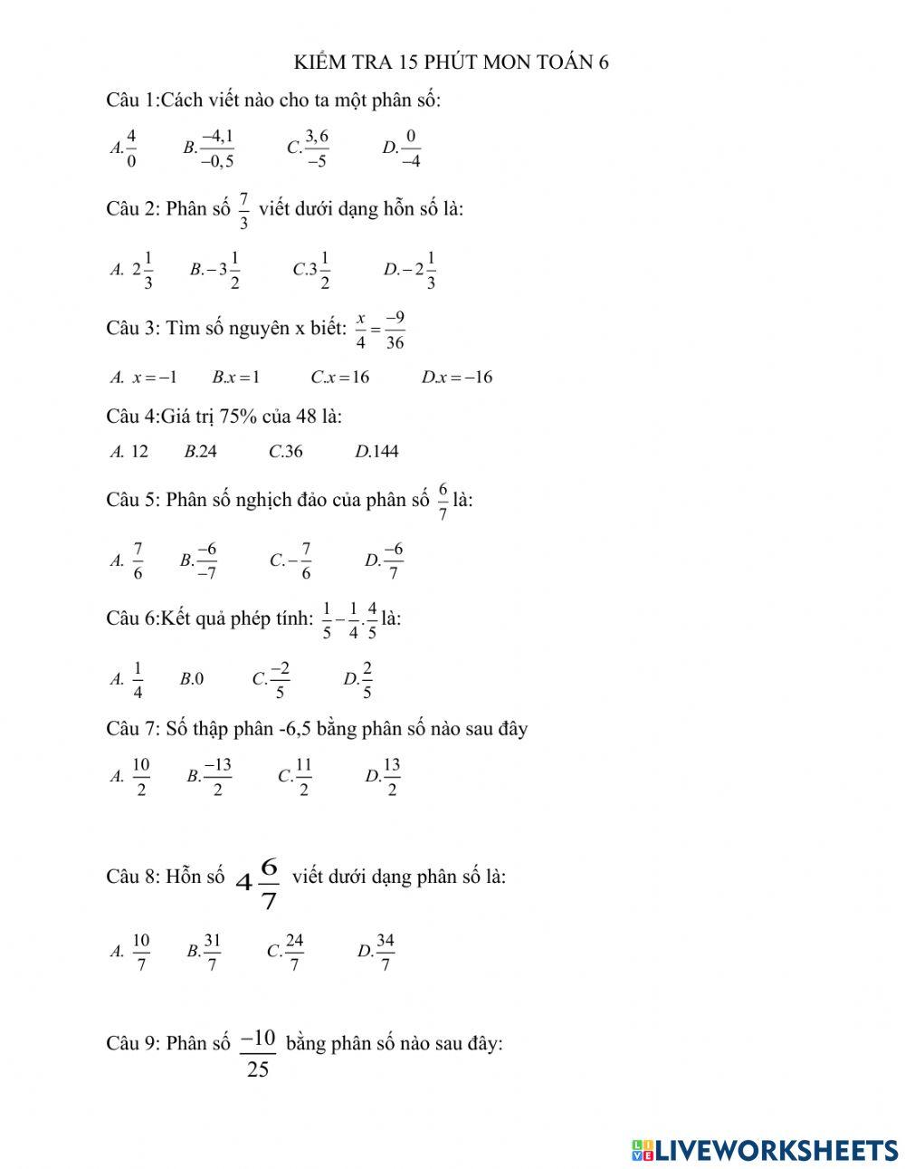 Kiểm tra 15 p toán 6 tập 2