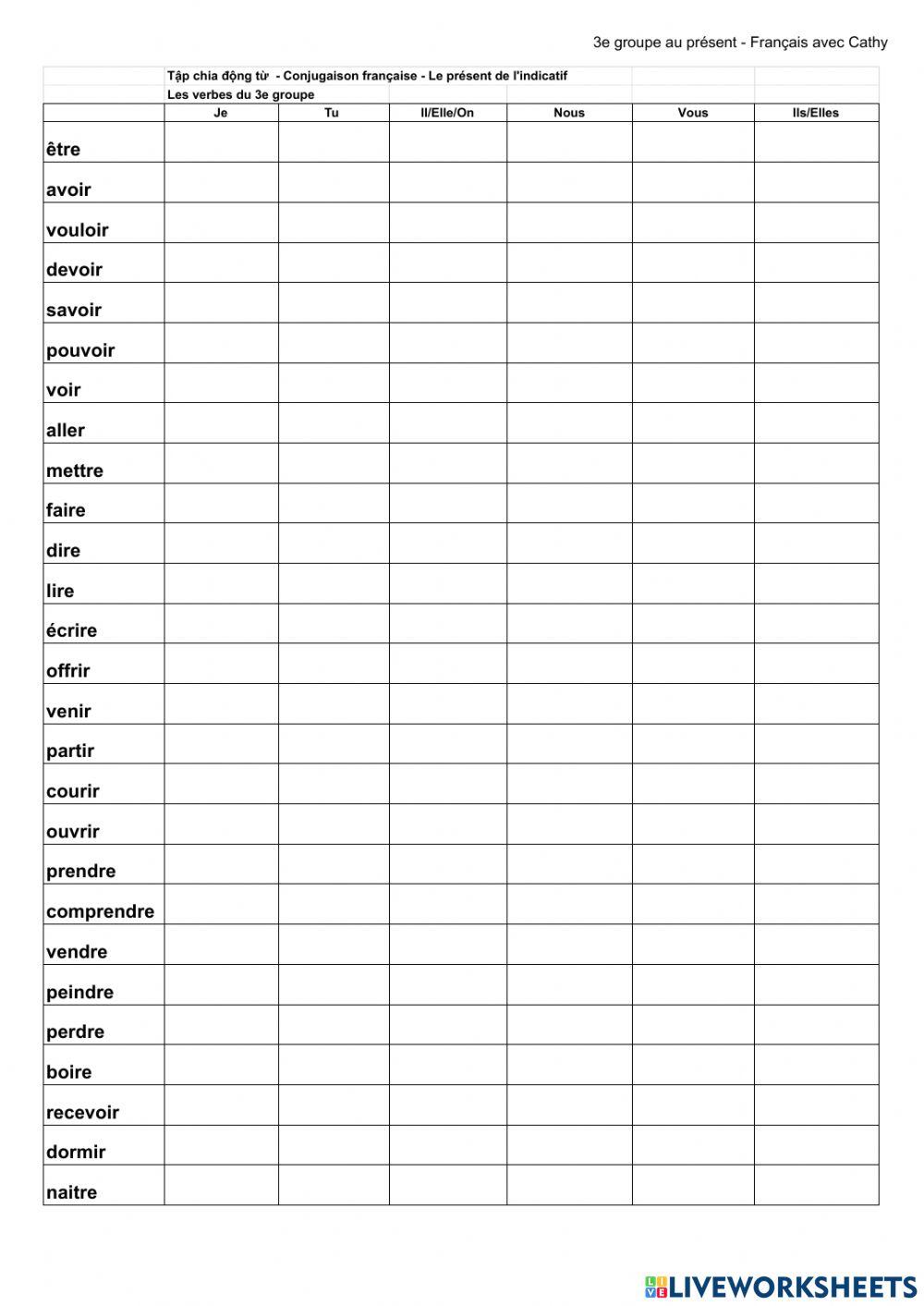 Conjugaison francaise - 3e groupe au présent