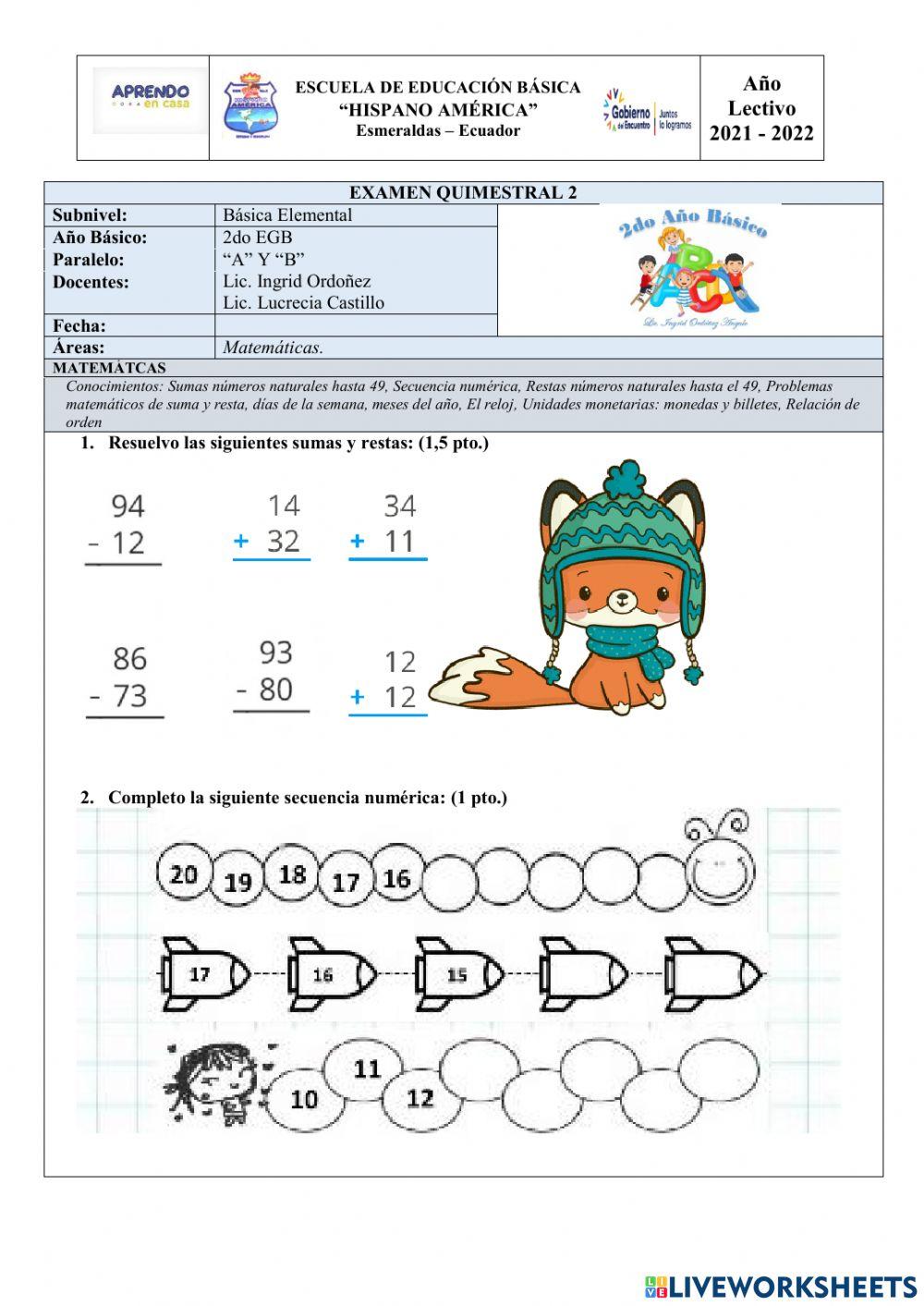 Examen Quimestral de Matemáticas