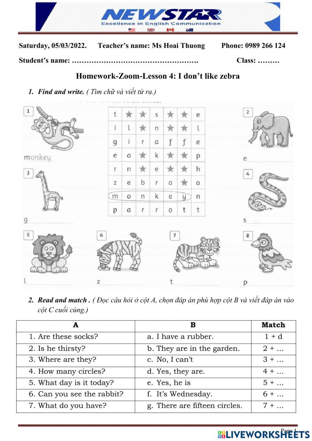 HW I don't like zebra.G2