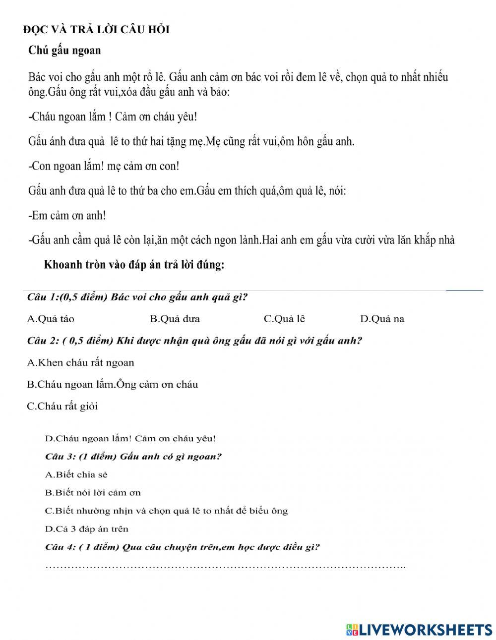 Bài tập tiếng việt ôn tập học trực tuyến