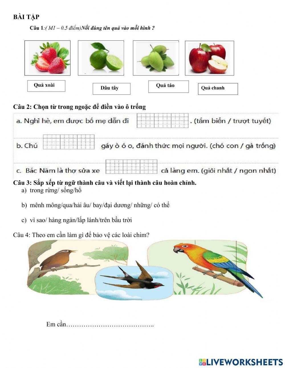 Bài tập tiếng việt ôn tập học trực tuyến