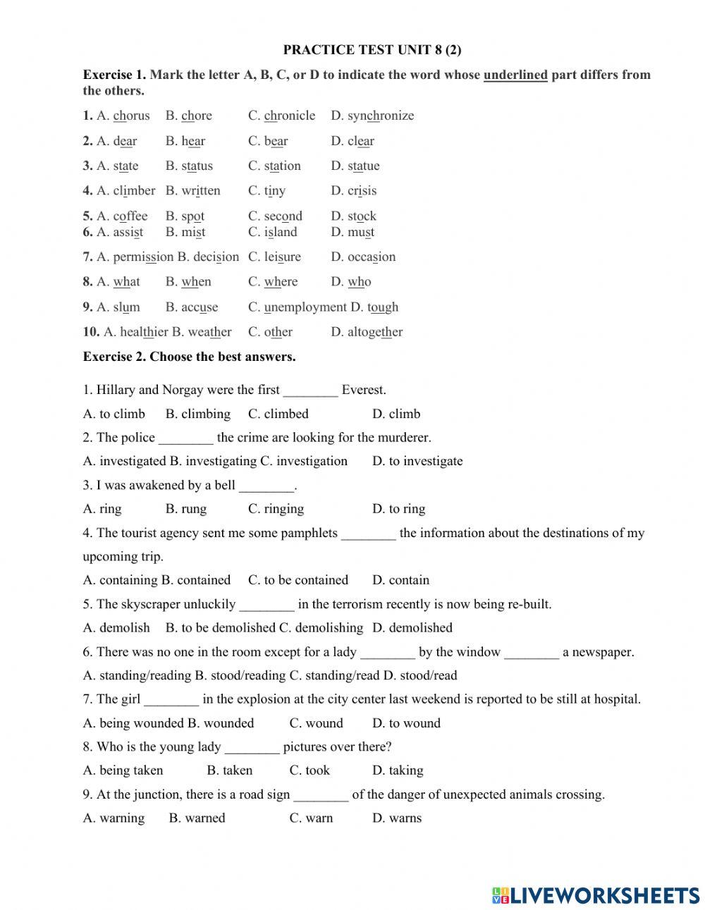 Practice test unit 8 grade 11