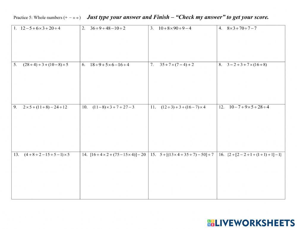 Whole number operation worksheet | Live Worksheets