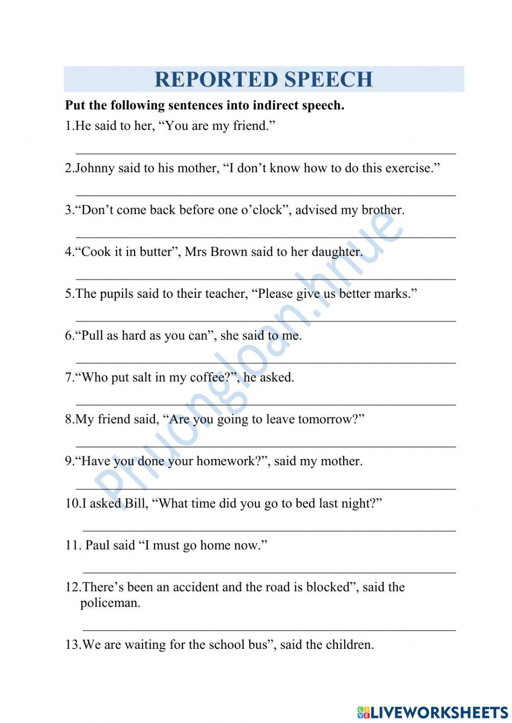 Reported Speech online exercise for 10 | Live Worksheets