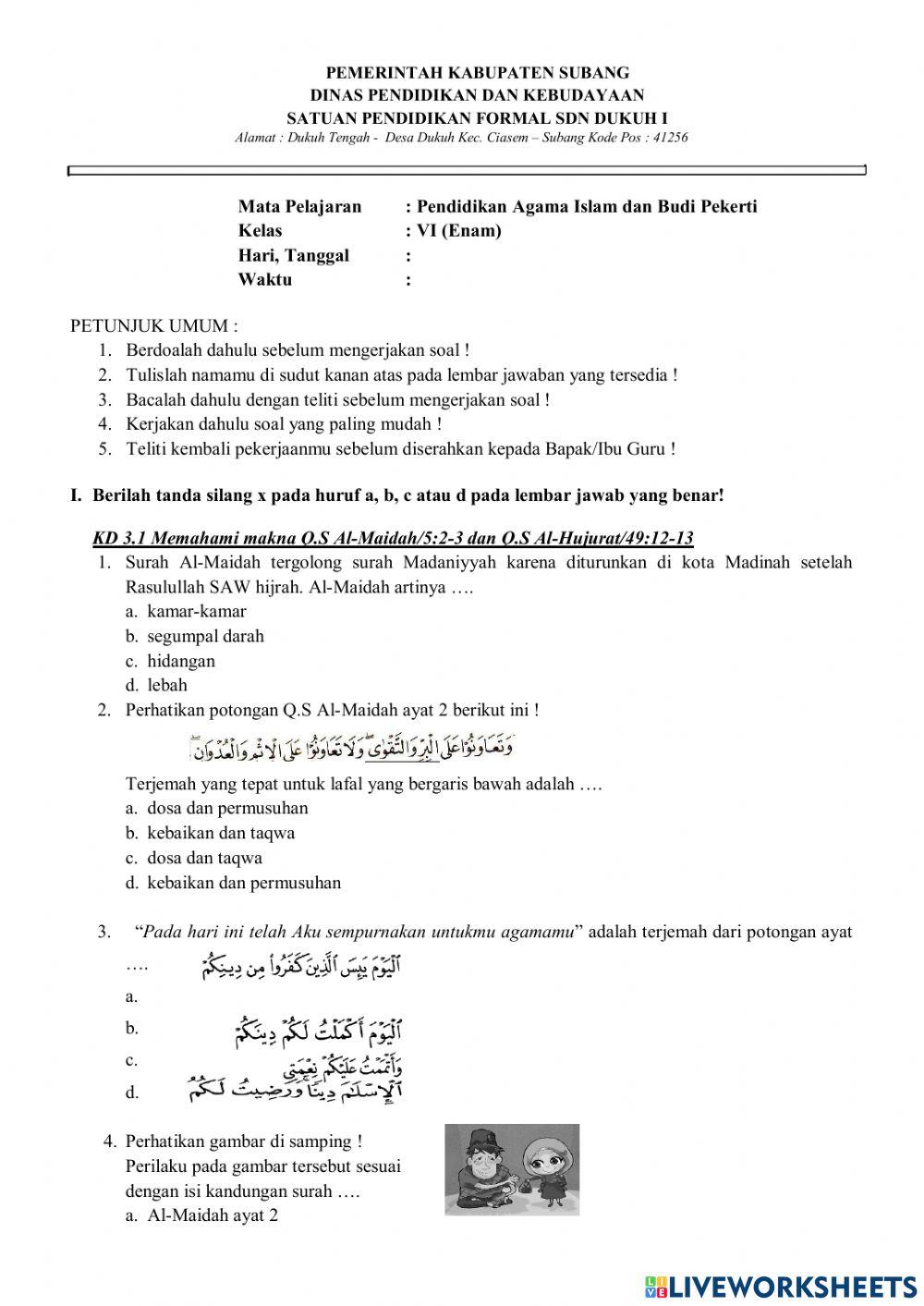 Soal PTS PAI BP Kelas 6 Semester 2
