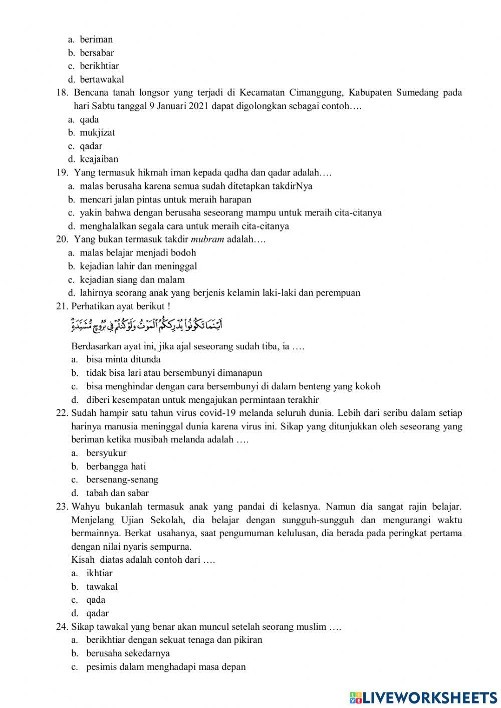 Soal PTS PAI BP Kelas 6 Semester 2