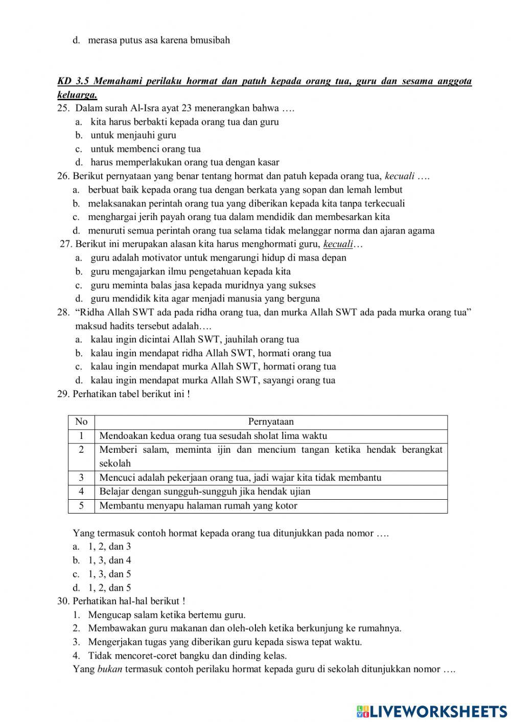 Soal PTS PAI BP Kelas 6 Semester 2