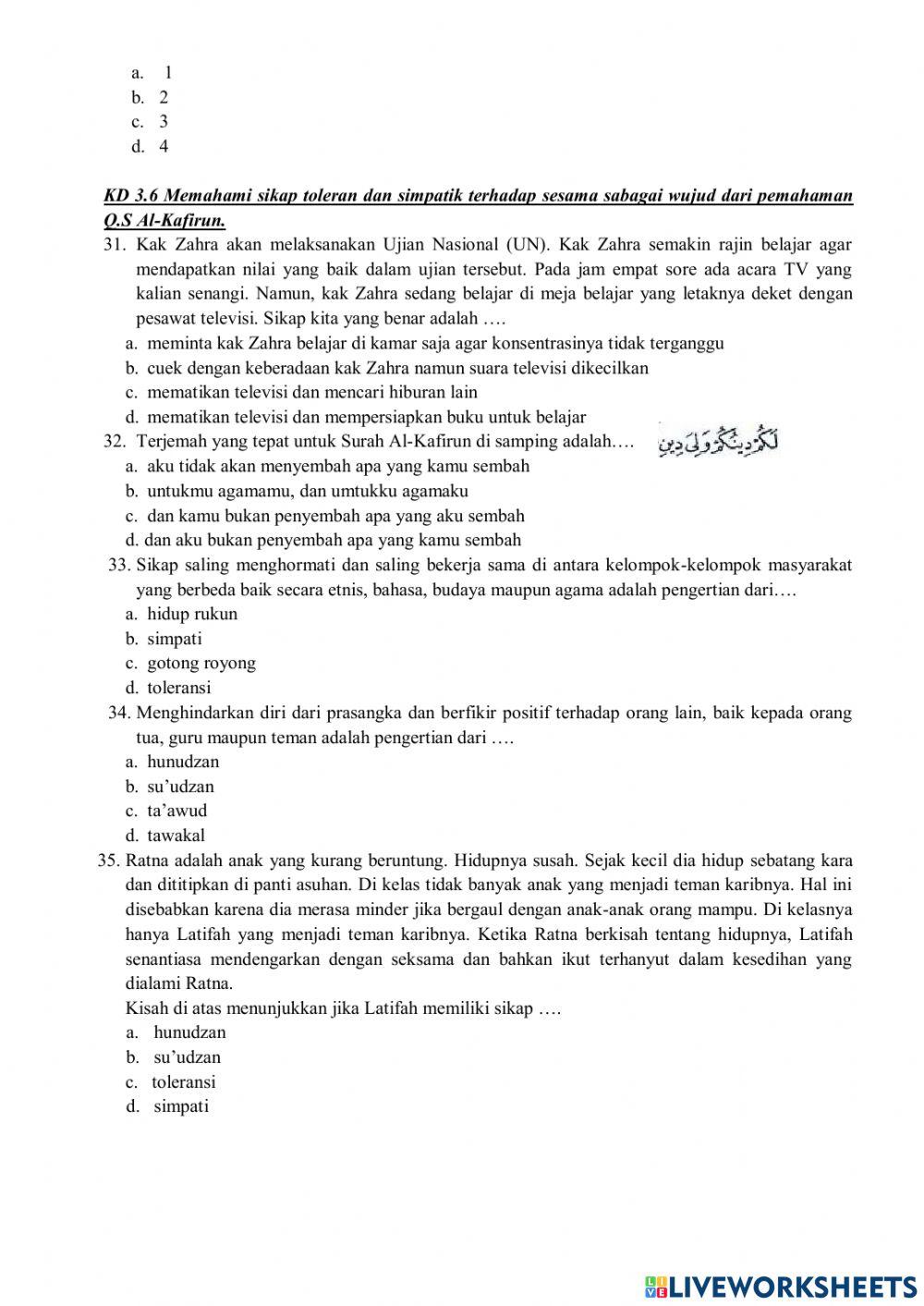 Soal PTS PAI BP Kelas 6 Semester 2