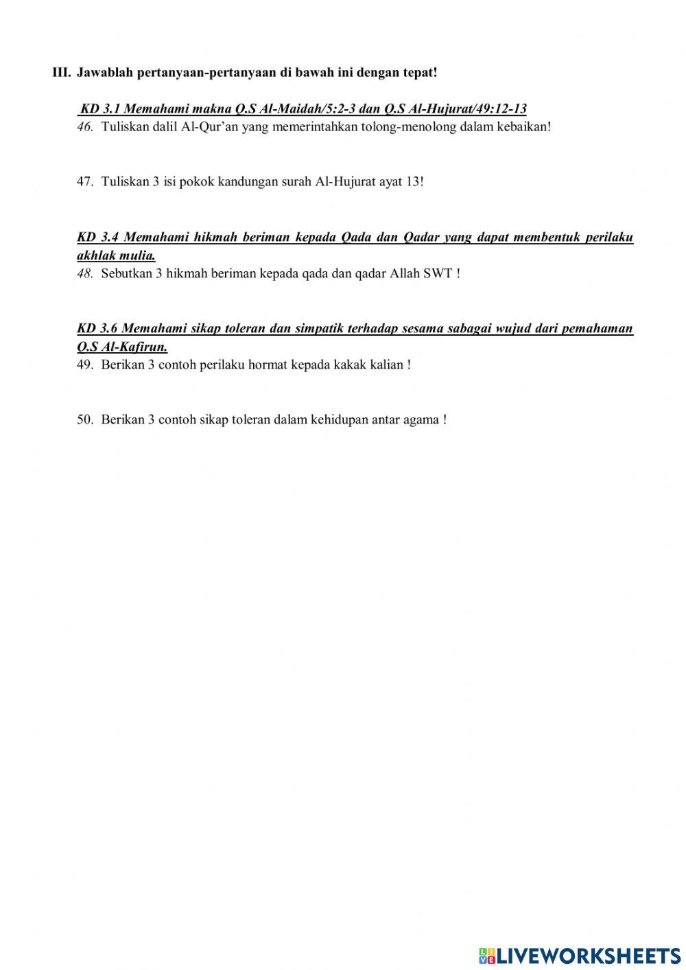 Soal PTS PAI BP Kelas 6 Semester 2