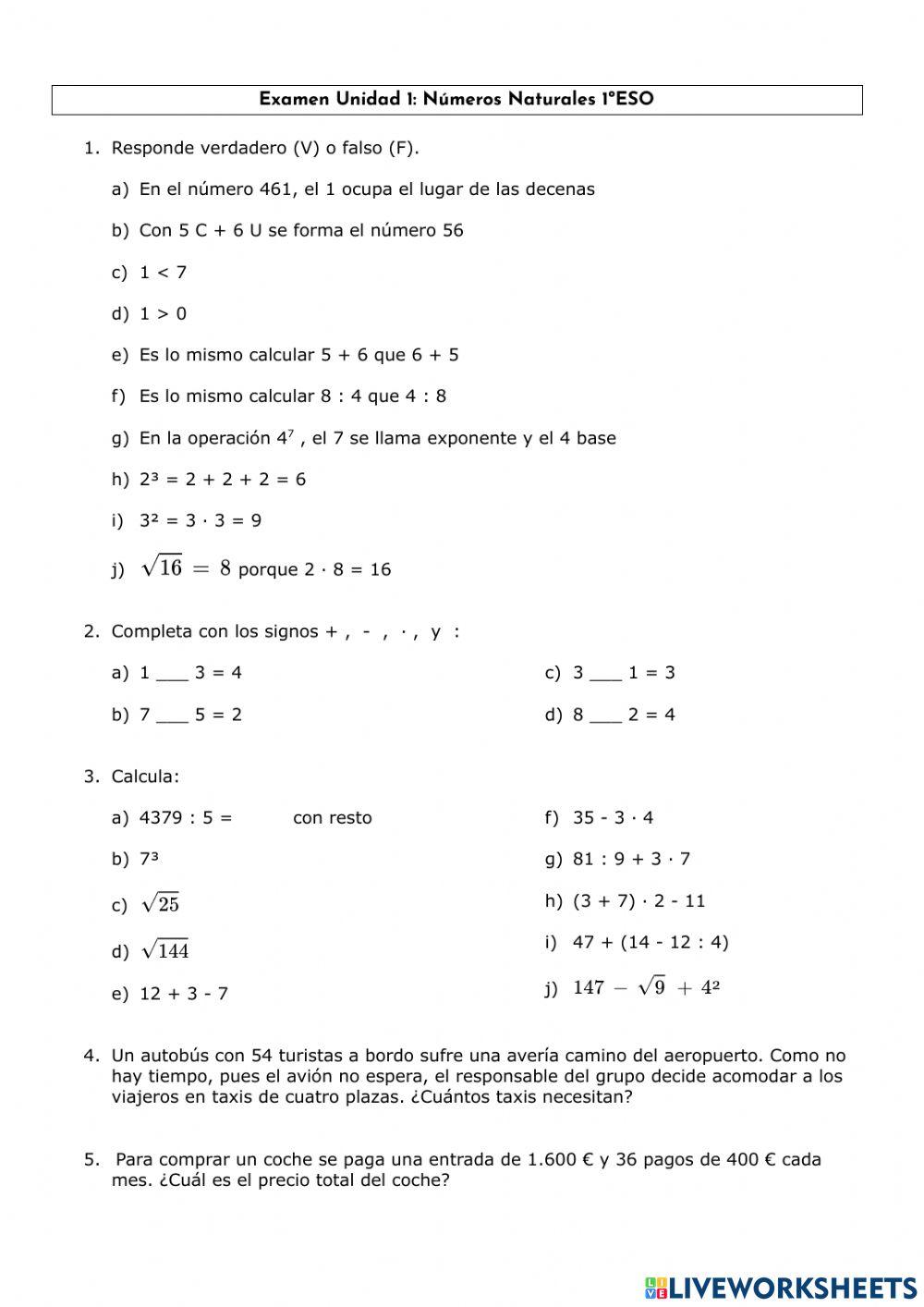 Examen Números Naturales 1ºESO