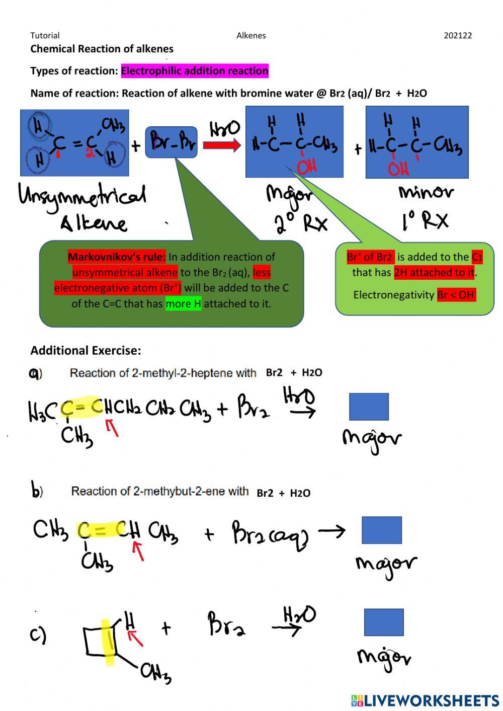Exercise Reaction of Alkenes with Bromine water Exercise Reaction of Alkenes with Bromine water