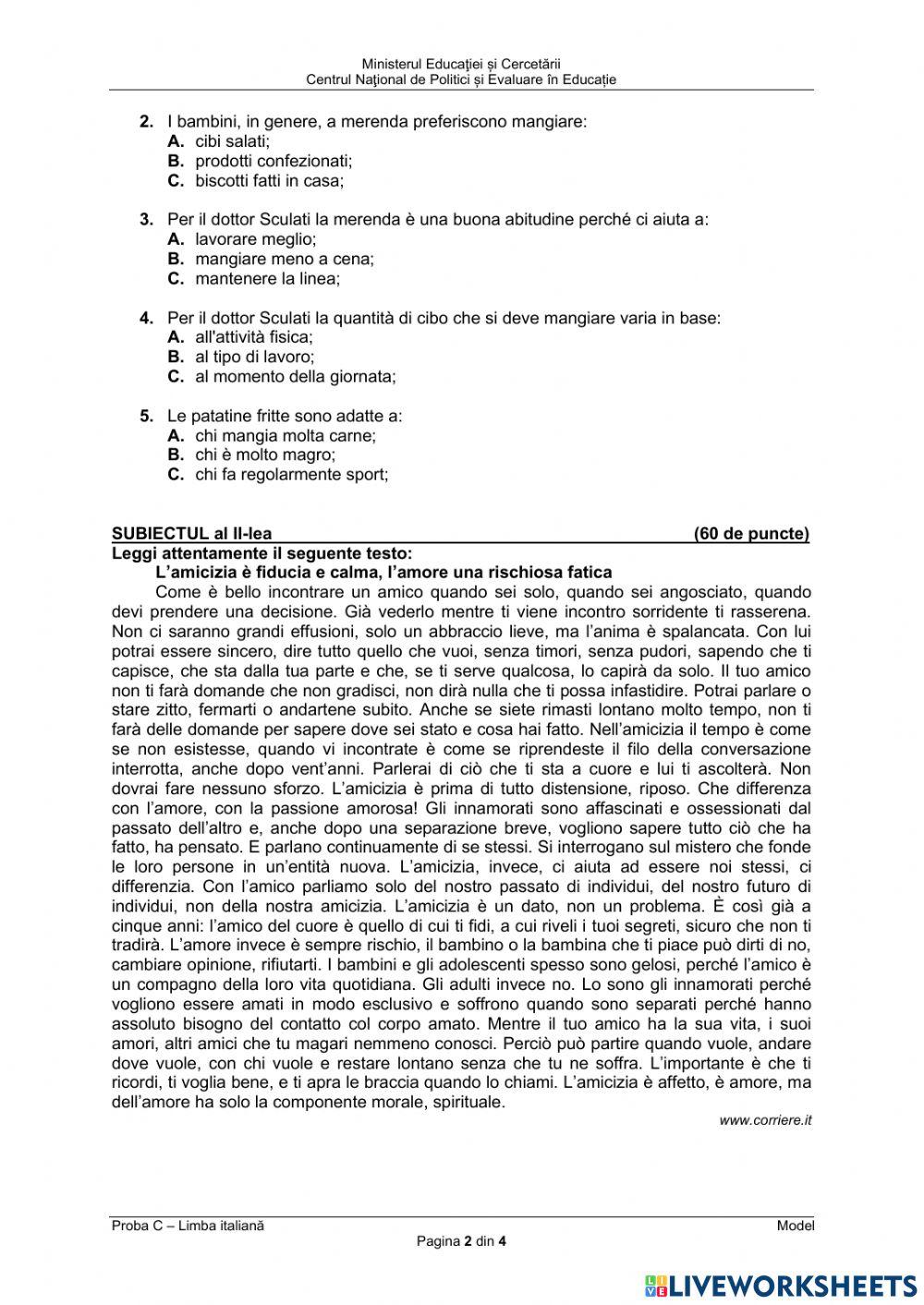 Bacalaureat - proba scrisa - competenta lingvistica in limba italiana Bacalaureat - proba scrisa - competenta lingvistica in limba italiana