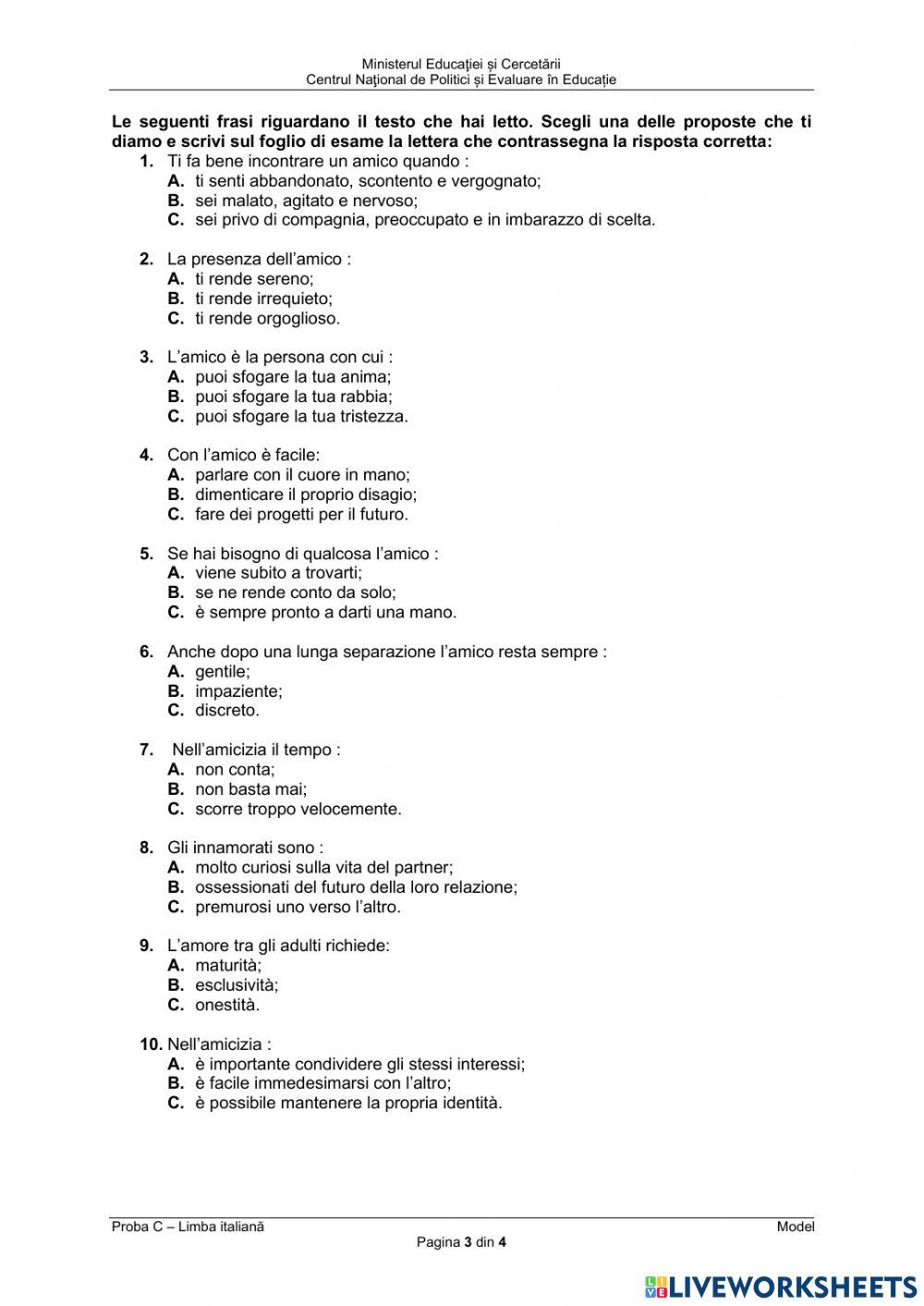 Bacalaureat - proba scrisa - competenta lingvistica in limba italiana Bacalaureat - proba scrisa - competenta lingvistica in limba italiana