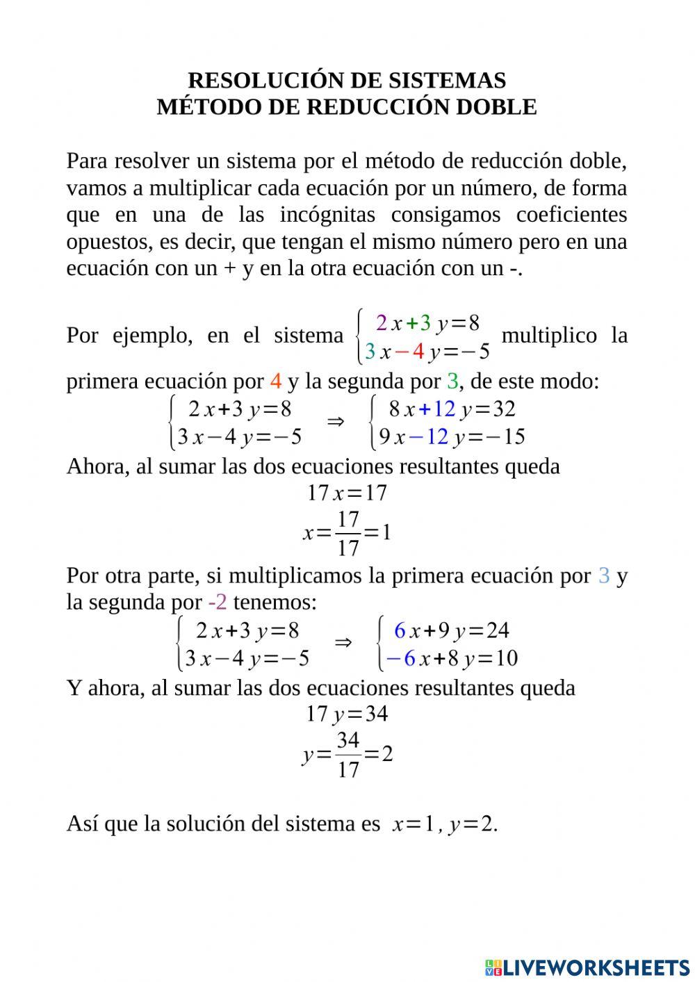 Sistemas de ecuaciones - Método de reducción doble
