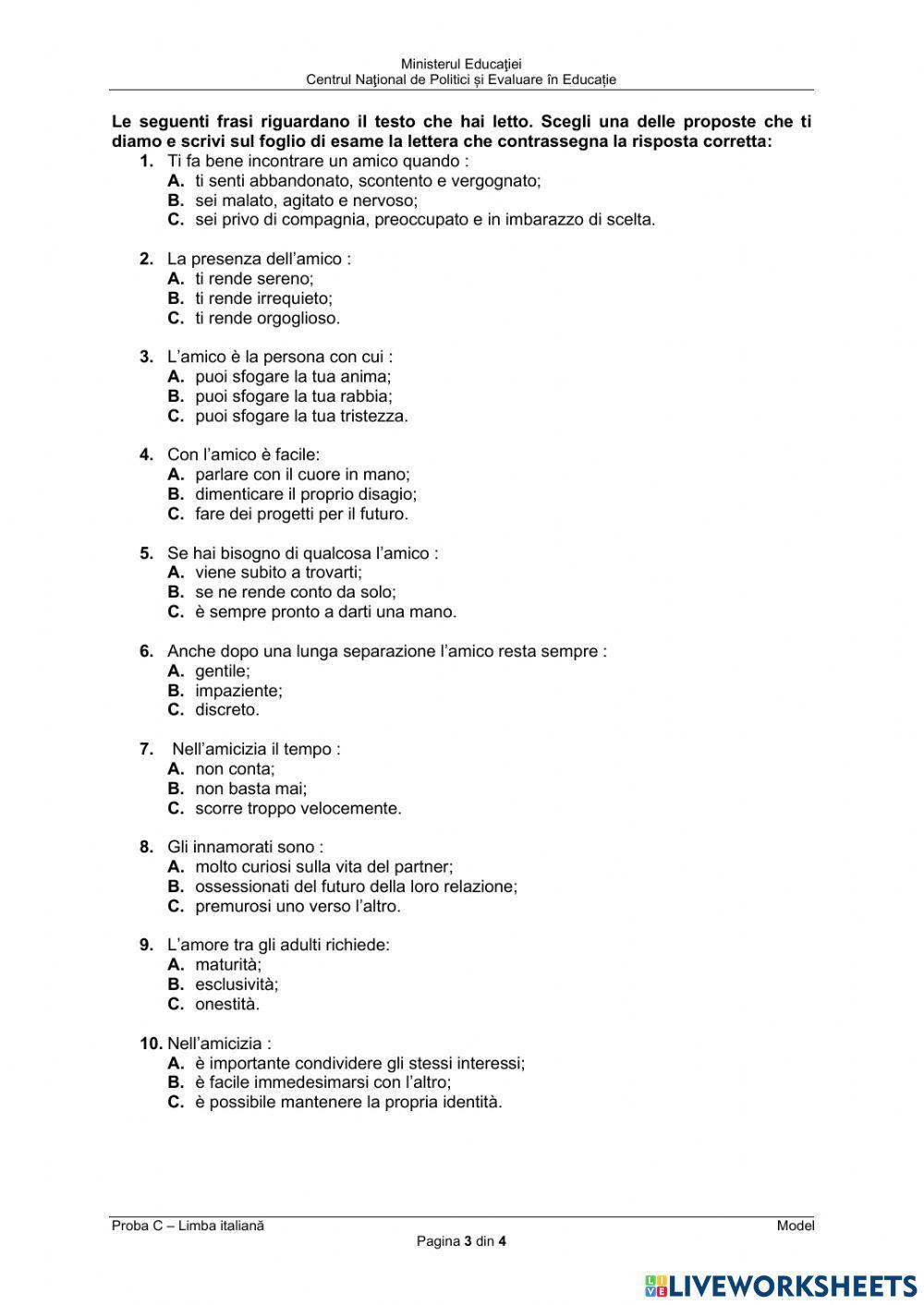 Bacalaureat - proba scrisa - competenta lingvistica in limba italiana 2022 Bacalaureat - proba scrisa - competenta lingvistica in limba italiana 2022