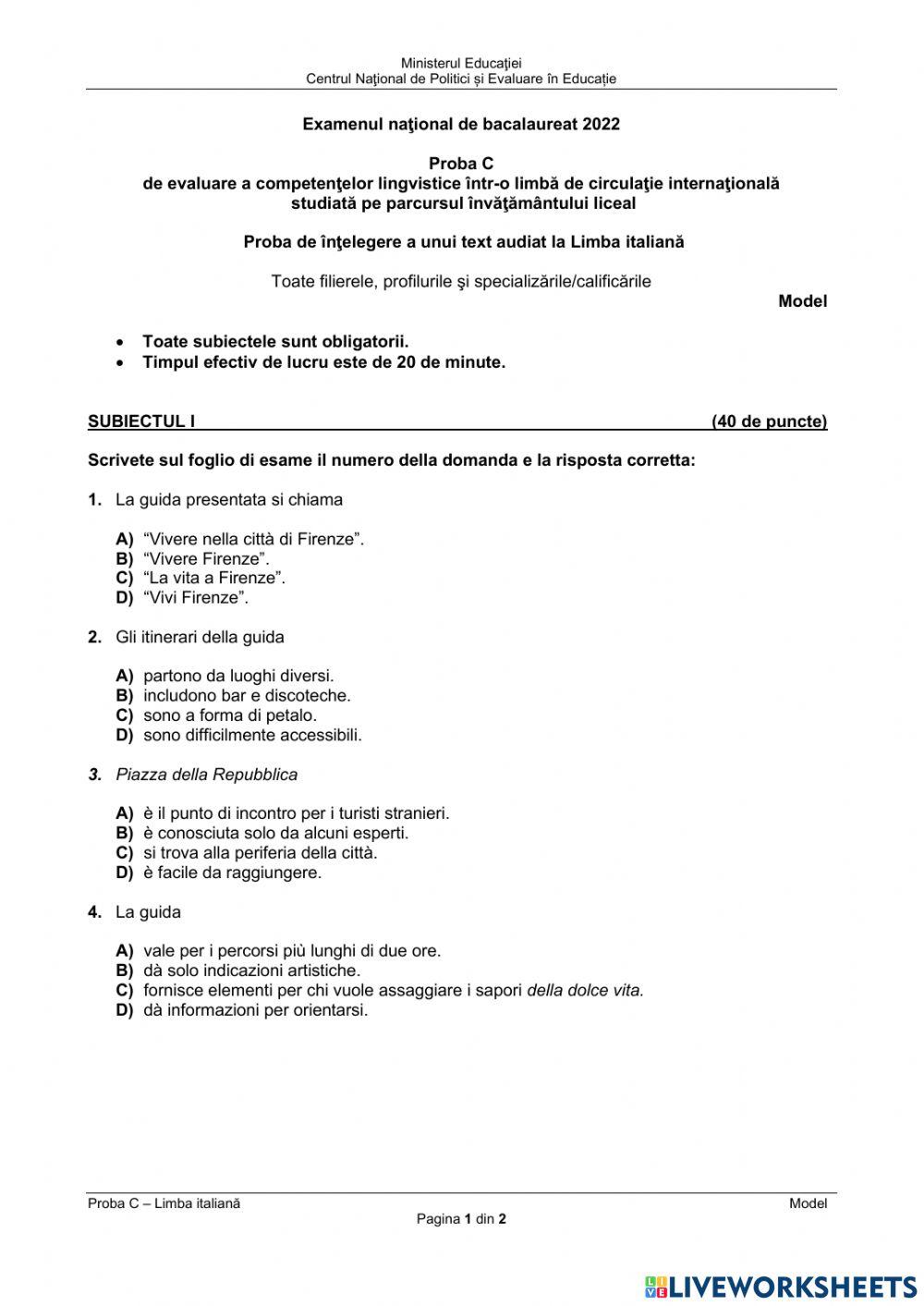 Bacalaureat - proba C de evaluare a competentelor in limba italiana - proba orala 2022 Bacalaureat - proba C de evaluare a competentelor in limba italiana - proba orala 2022