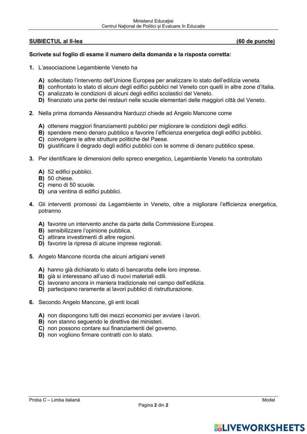 Bacalaureat - proba C de evaluare a competentelor in limba italiana - proba orala 2022 Bacalaureat - proba C de evaluare a competentelor in limba italiana - proba orala 2022