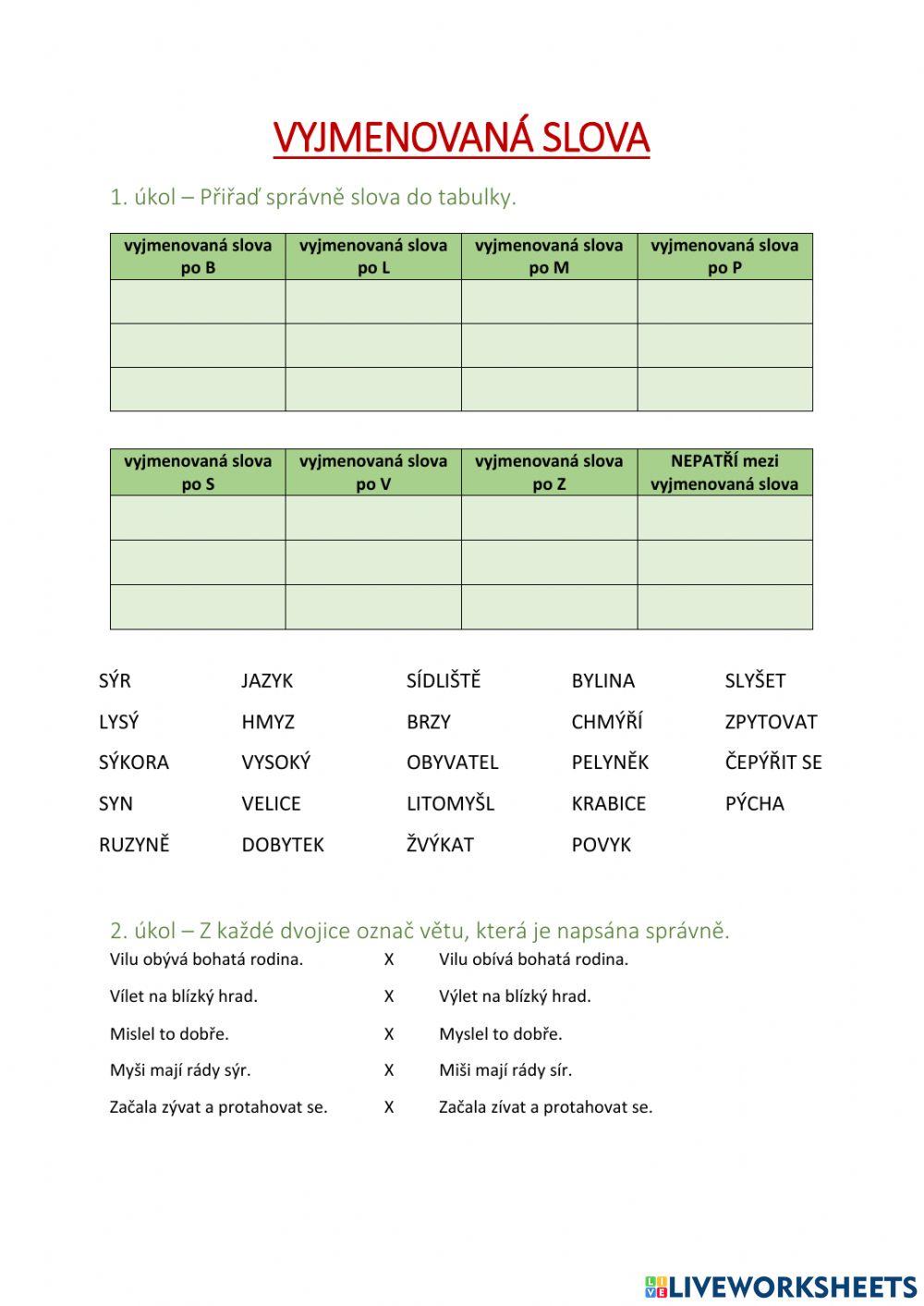 Pracovní list – vyjmenovaná slova MIX