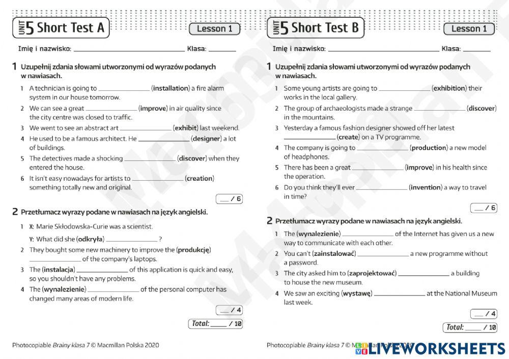 Brainy Klasa 5 Testy Pdf Unit 3 Brainy 7 Unit 5 short test 1 online exercise for | Live Worksheets