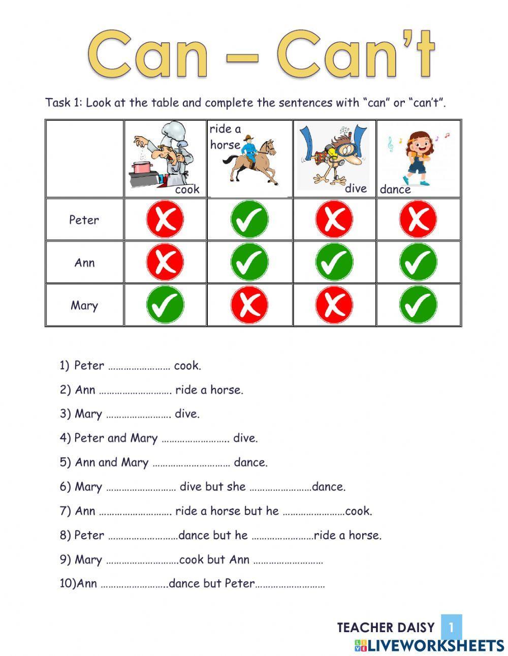 Can - can't online activity for grade 3 | Live Worksheets