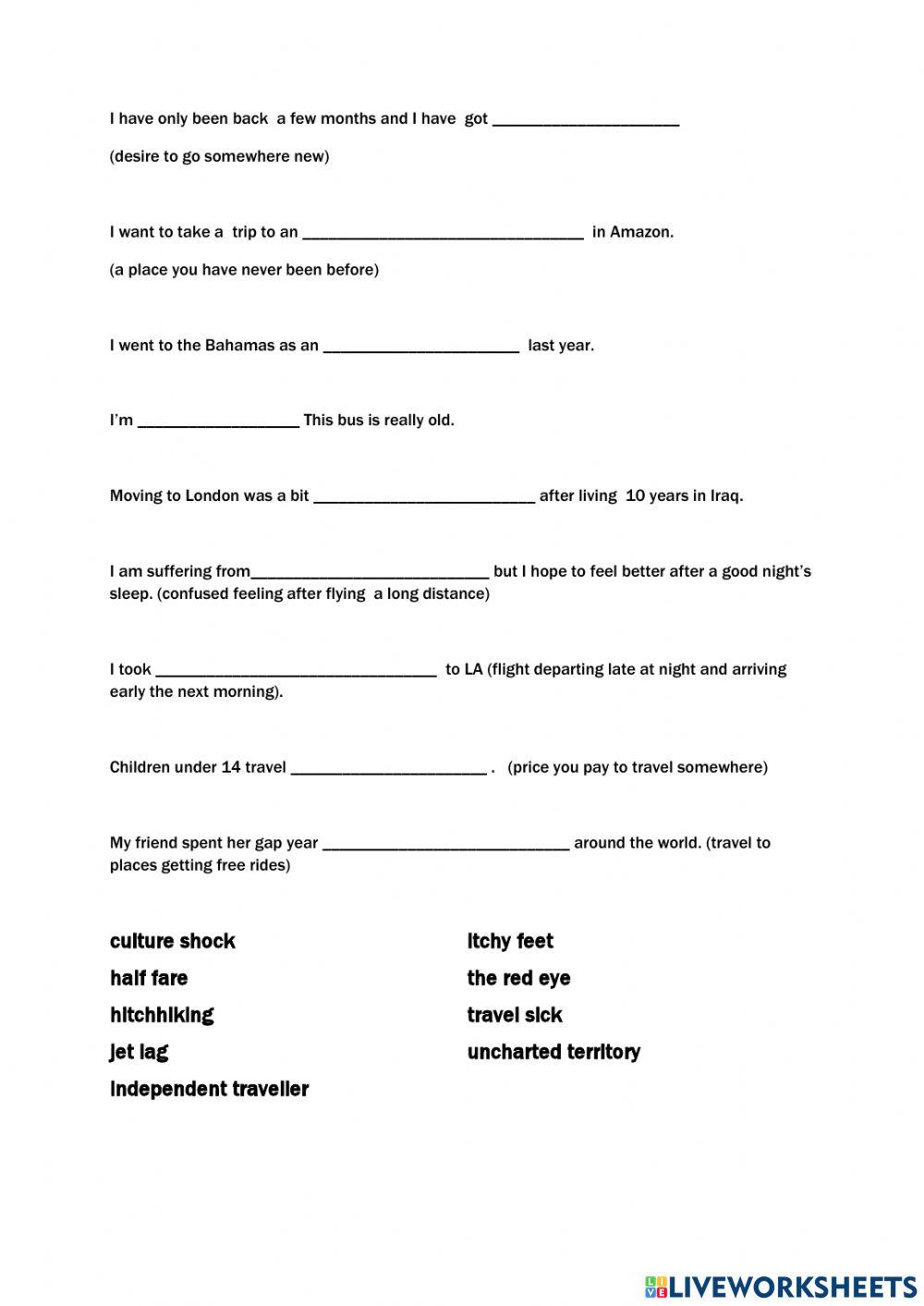 Travel idioms fill in