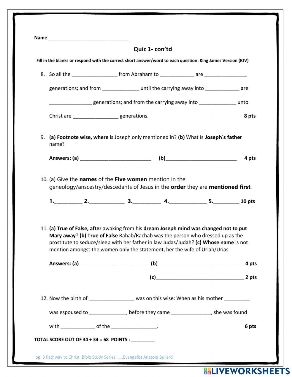 Pathway to Christ Bible Study Series Matthew Chapter 1 Quiz