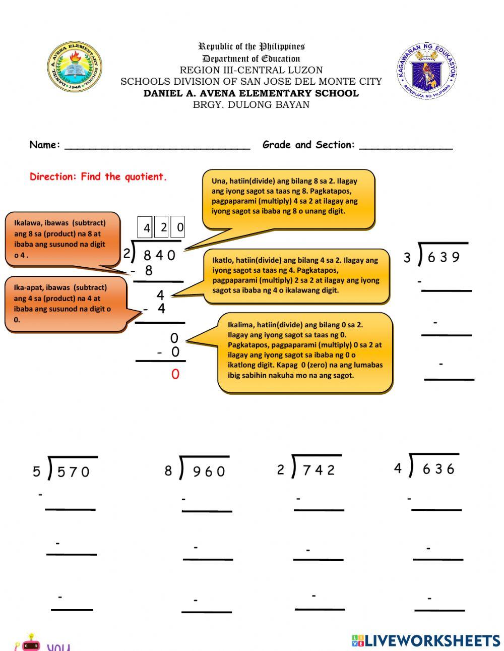 Division 3 Digits By 1 Digit Worksheet Pdf