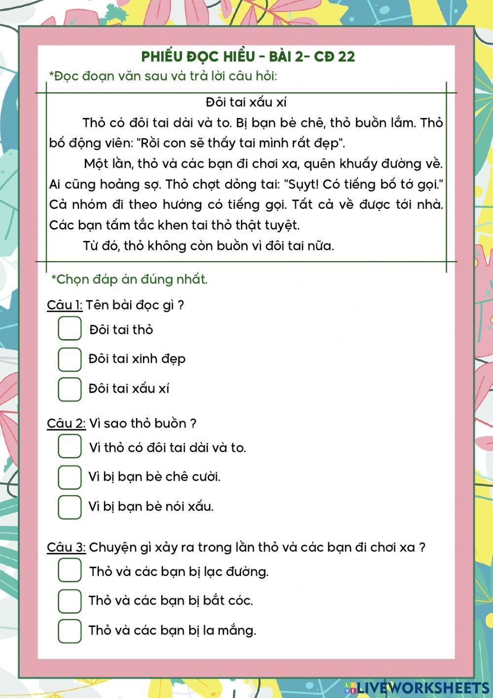 Phiếu đọc hiểu tuần 22 - bài 2