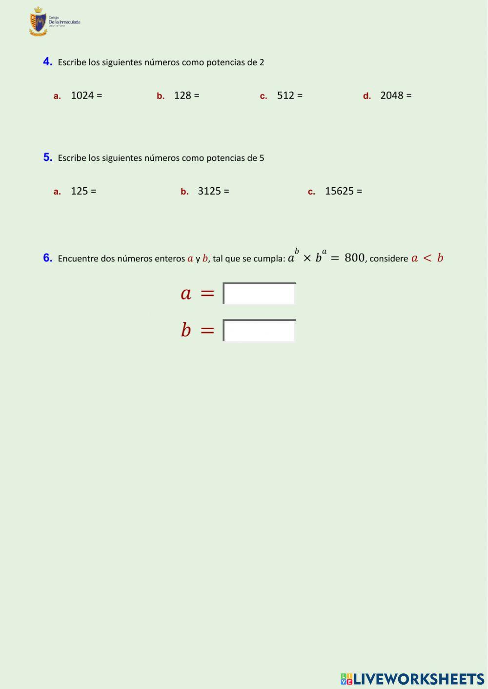 FICHA N°1 - Teoría de exponentes (Bloque I: Recordamos la potenciación)