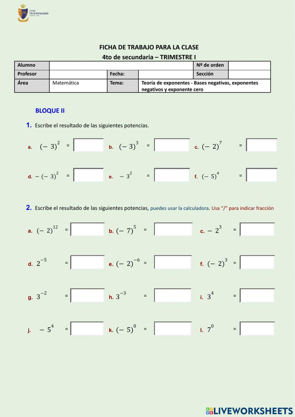 FICHA N°1 - Teoría de exponentes (Bloque II Bases negativas, exponentes negativos y exponente cero)