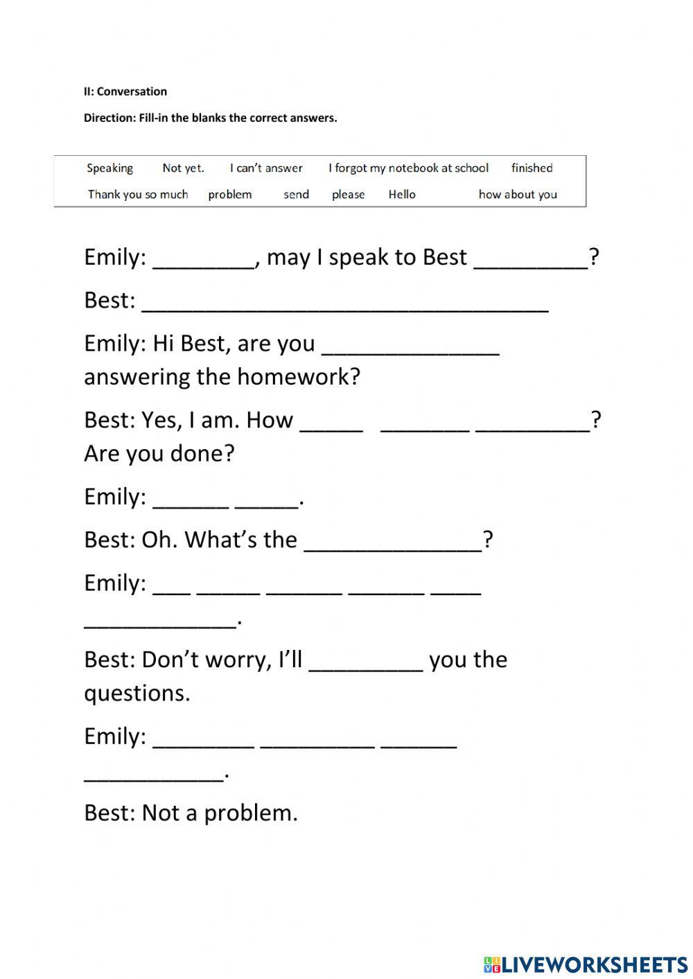 Conversation | Free Interactive Worksheets | 1920127, image size:1000x1413