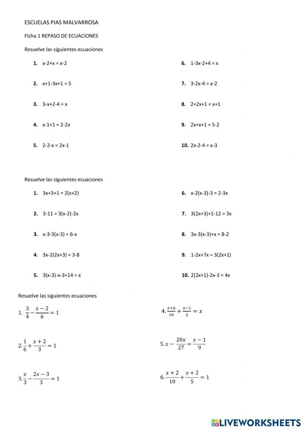 Ecuaciones de primer grado Repaso