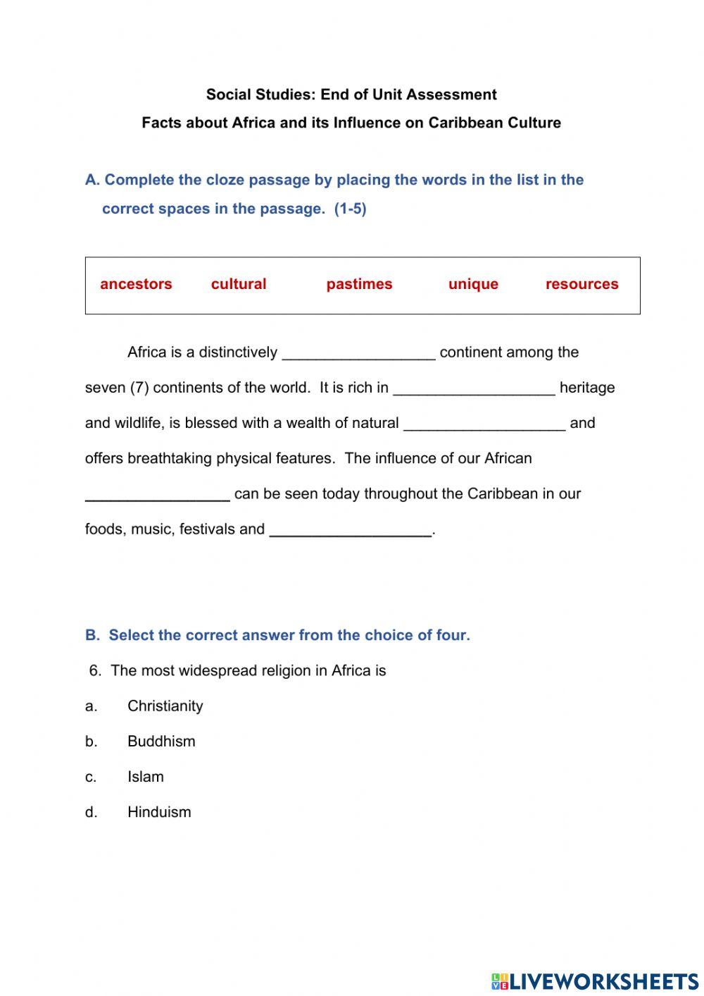Social Studies End of Unit Assessment: Africa