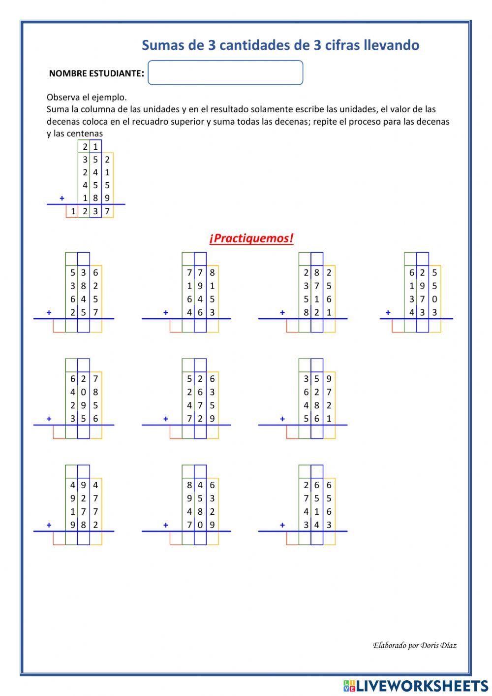 Suma de 4 cantidades de 3 cifras