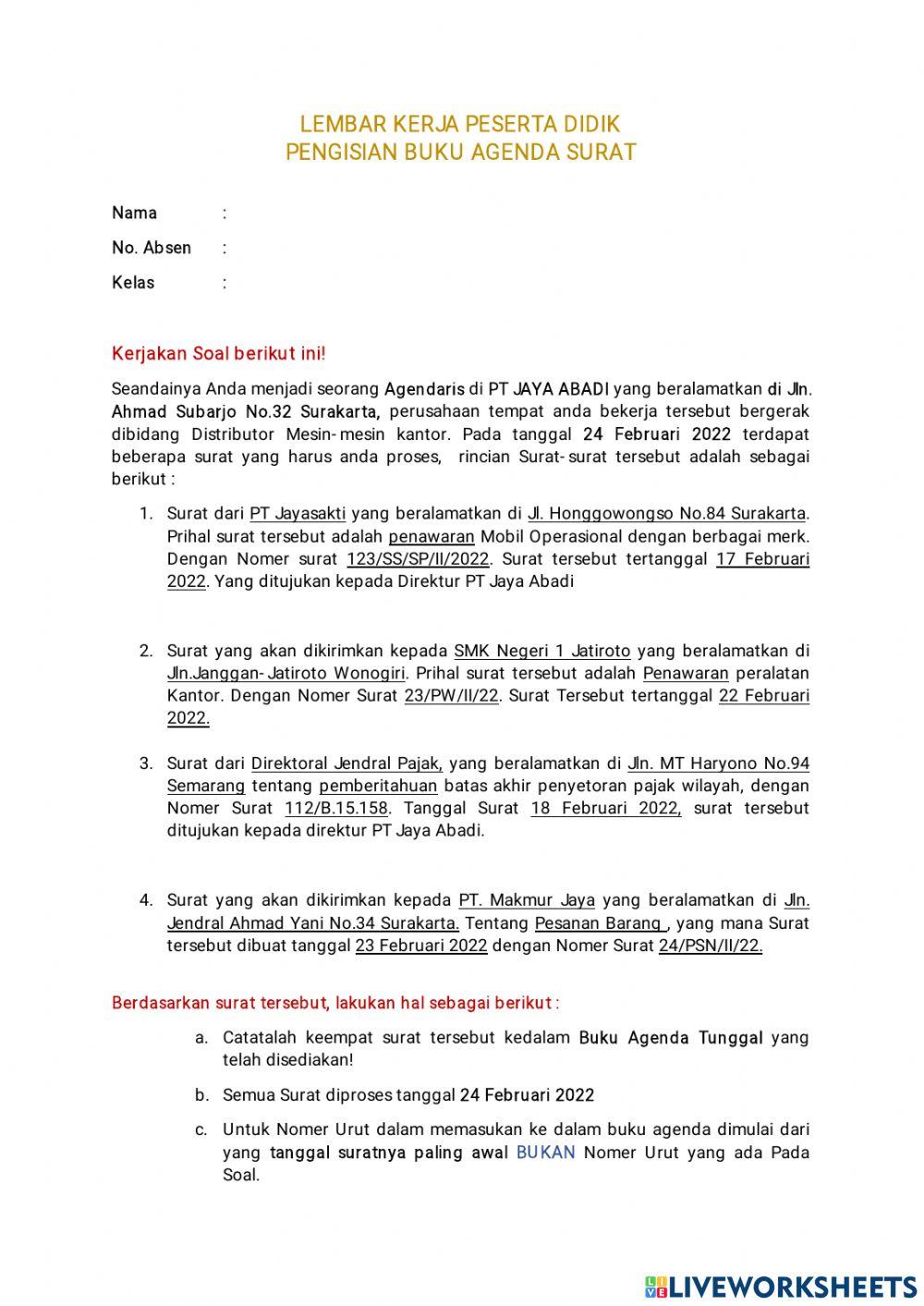 Pengisian Buku Agenda Surat