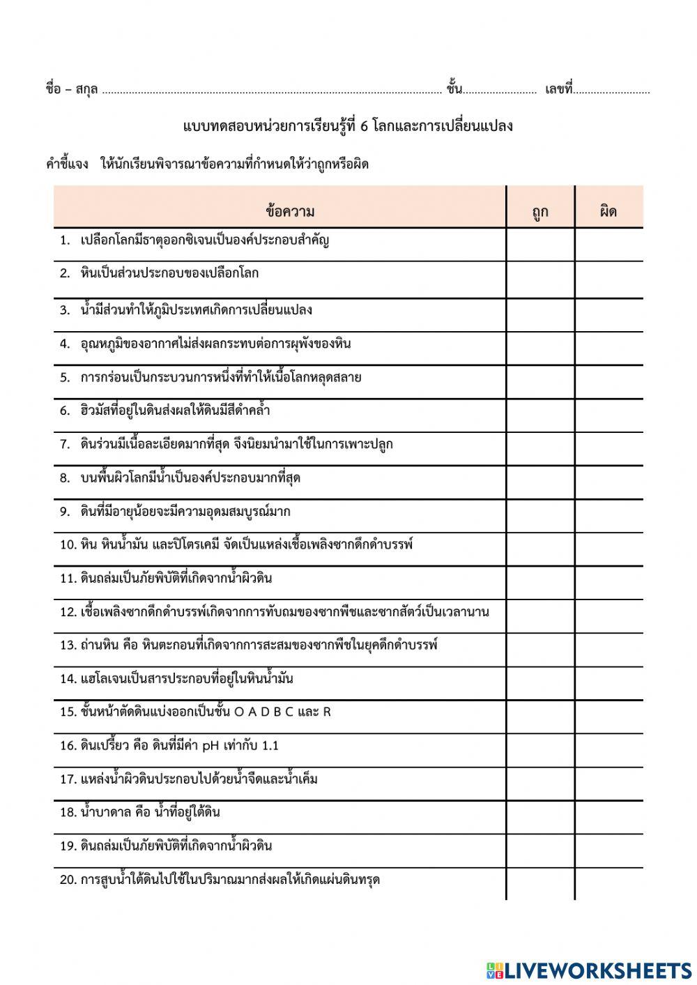 แบบทดสอบประจำหน่วยการเรียนรู้ที่ 6