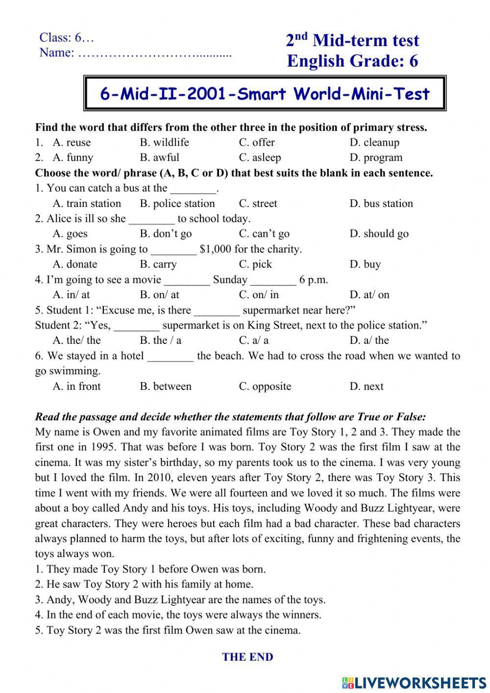Tieng Anh 6 iSW-MiniTest -01 for 2nd Term Test