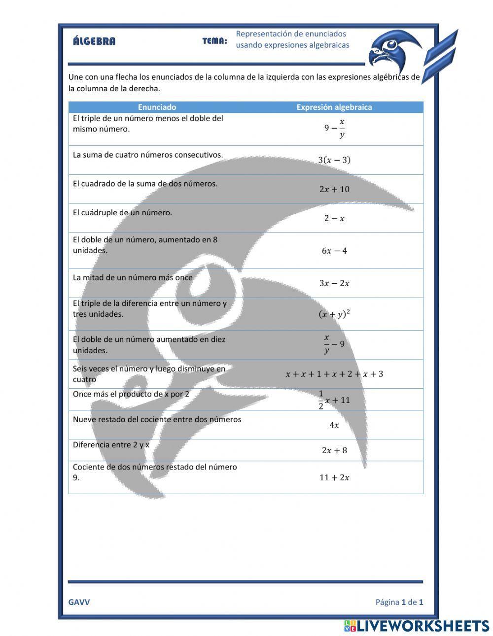 Uso de expresiones algebraicas para representar enunciados Uso de expresiones algebraicas para representar enunciados