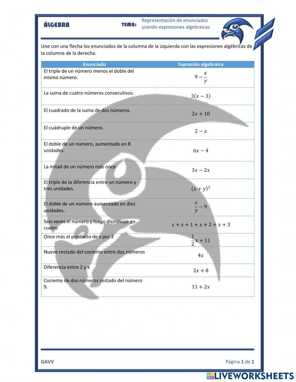 Uso de expresiones algebraicas para representar enunciados