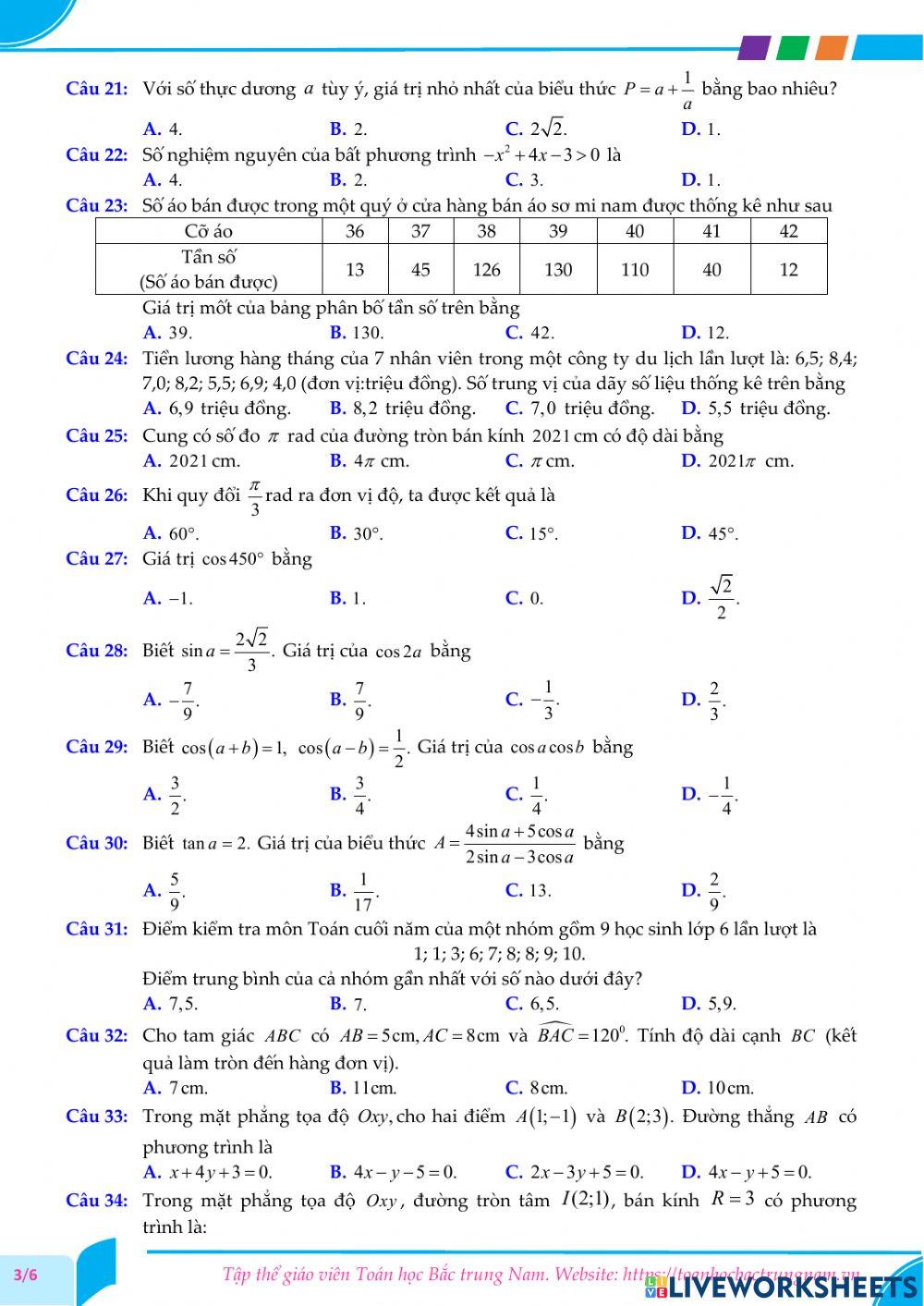 Toán 10-Kiểm tra CK2-THPT Nguyễn Hữu Quang, Bình Định-2021