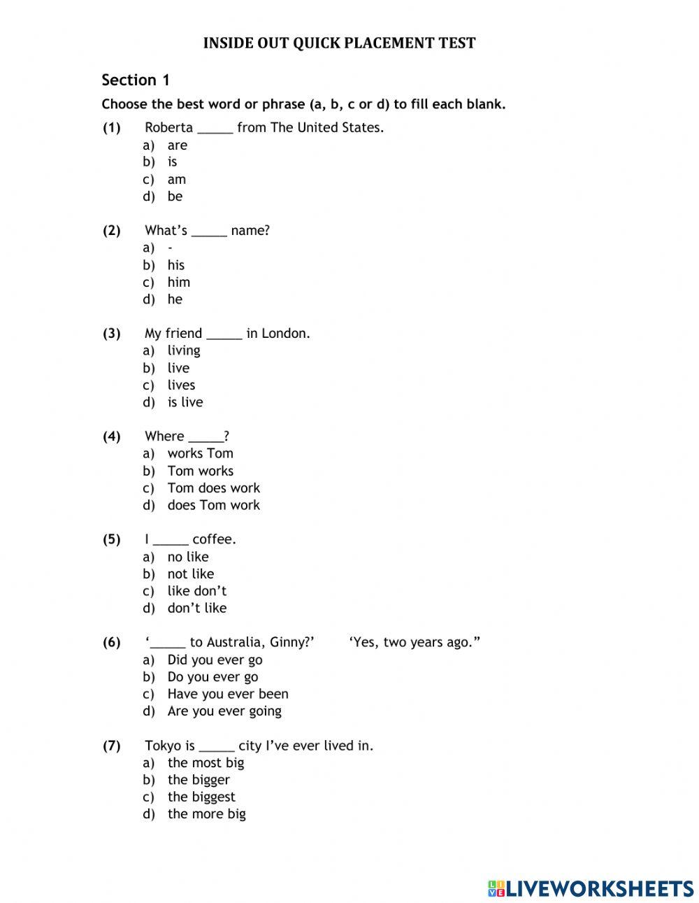 ENGLISH PLACEMENT TEST online exercise for | Live Worksheets