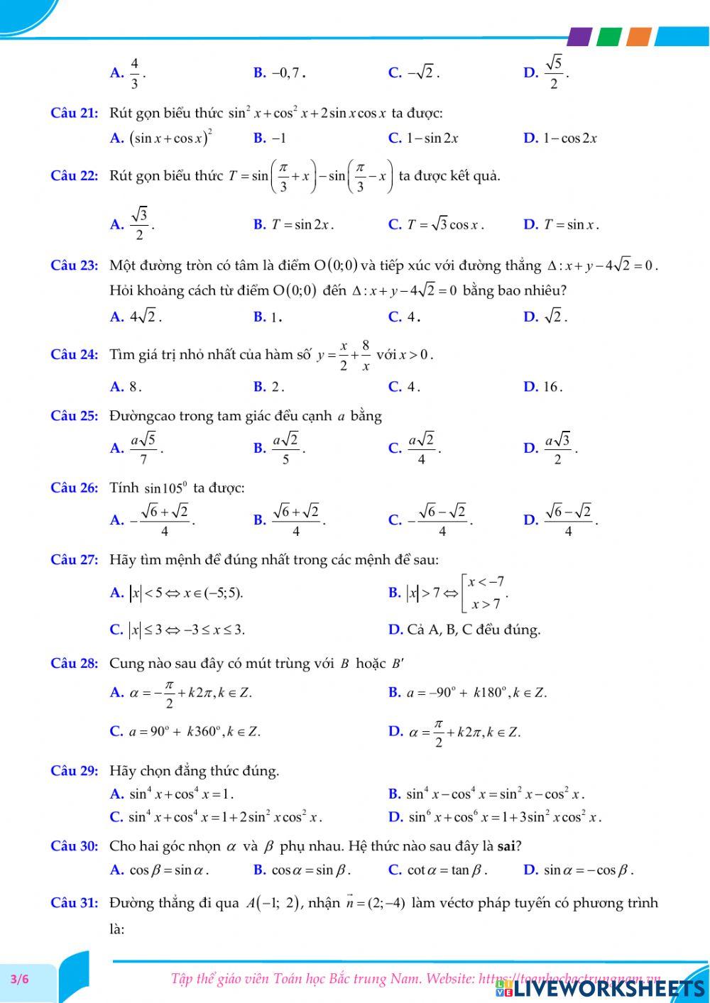 Toán 10-Kiểm tra CK2-THPT Đoàn Thượng, Hải Dương-2021