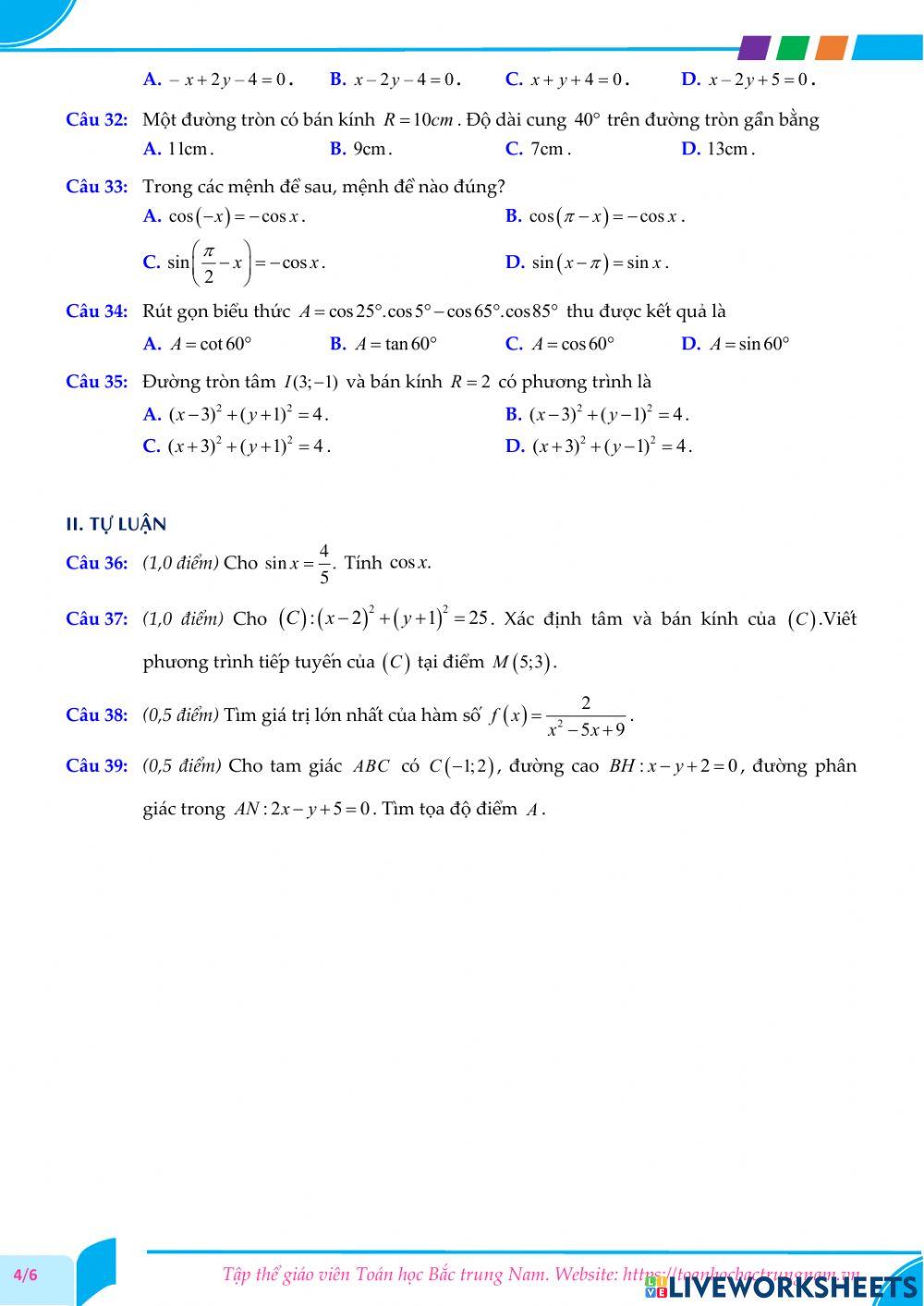 Toán 10-Kiểm tra CK2-THPT Đoàn Thượng, Hải Dương-2021