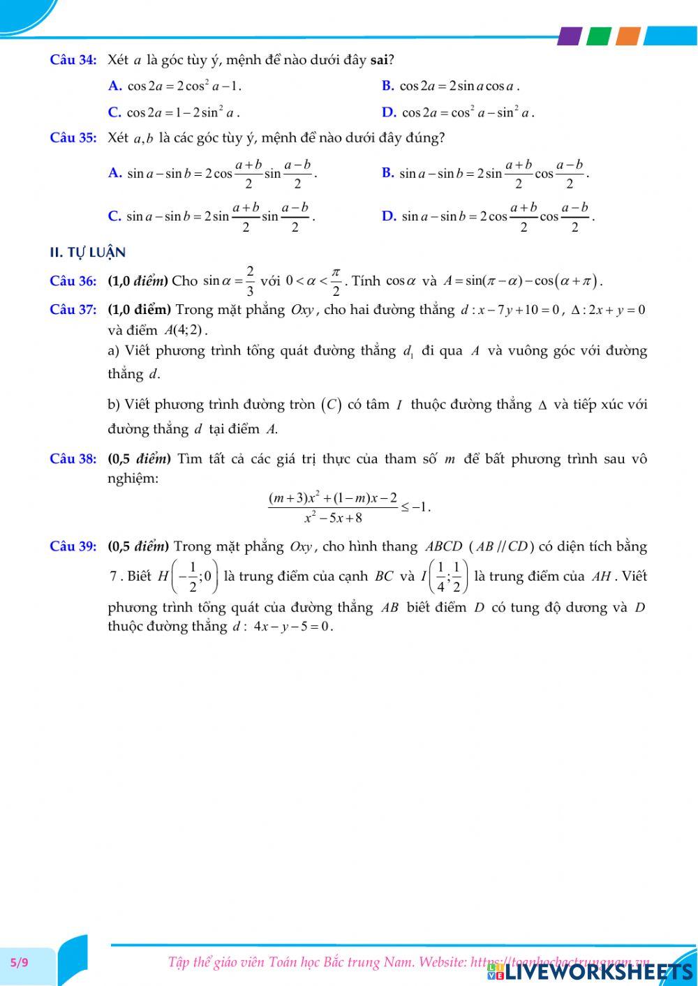 Toán 10-Kiểm tra CK2-THPT Hai Bà trưng, Huế-2021