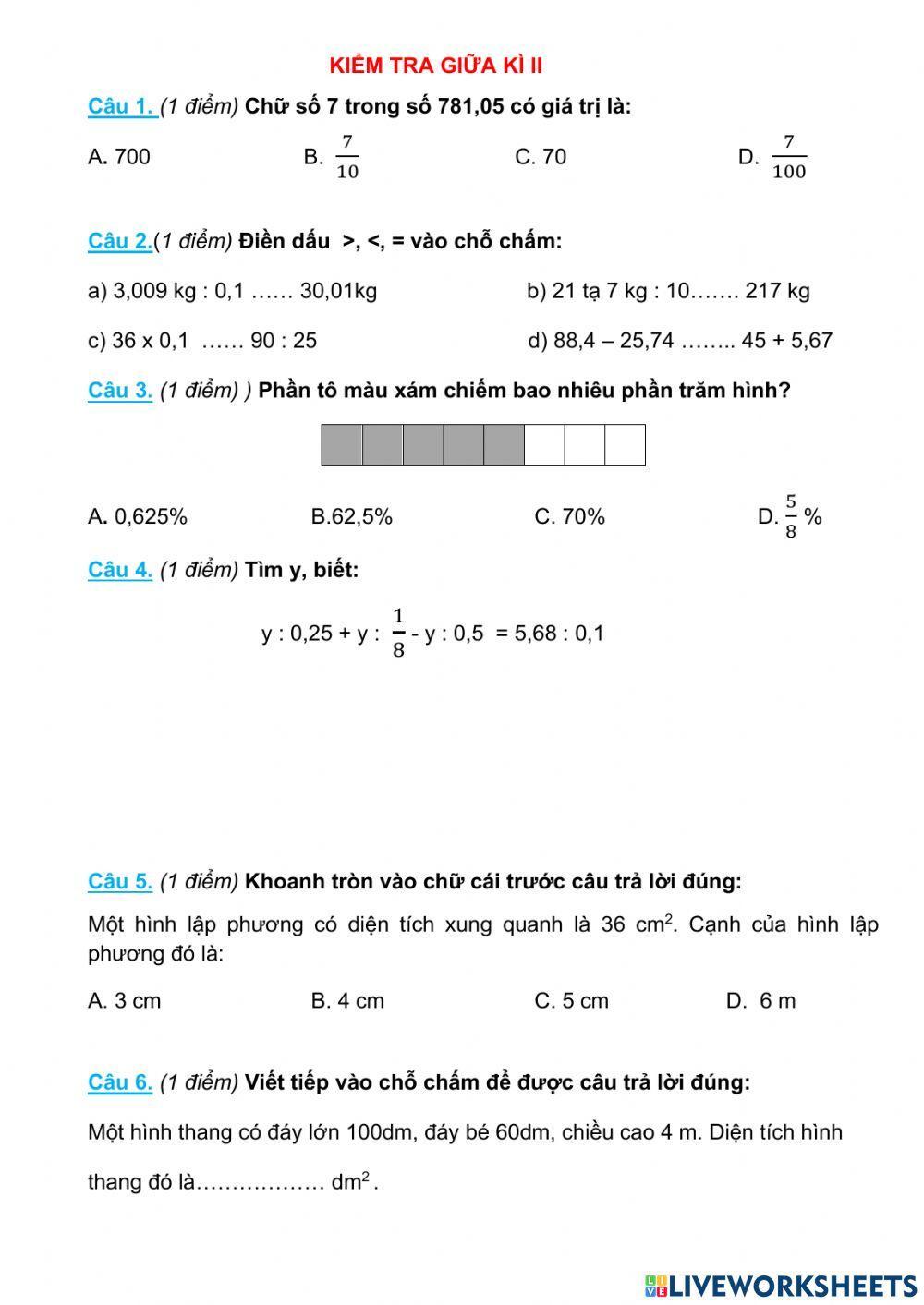 Kiểm tra Toán GK2 số 6
