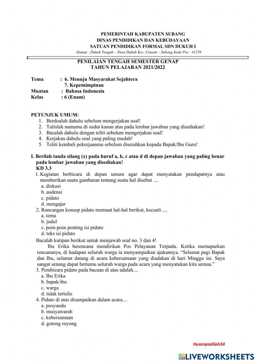 Soal PTS Bahasa Indonesia Kelas 6 Semester 2