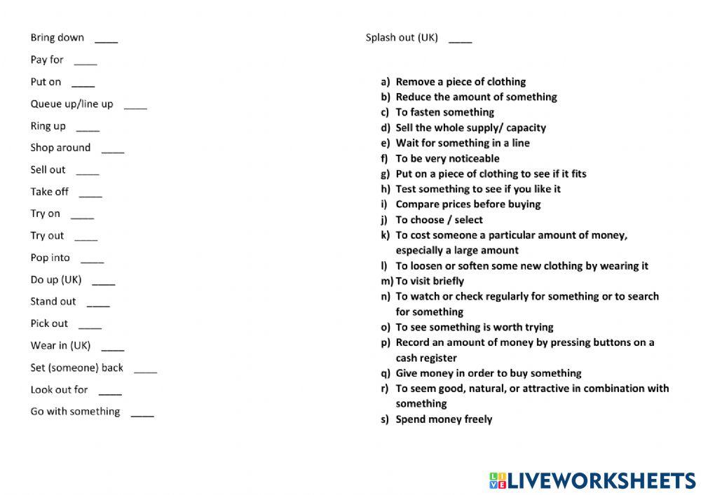 Phrasal verbs, shopping